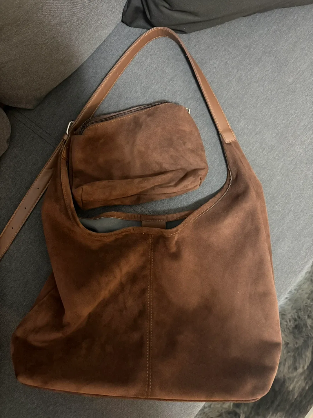 Brown Suede Shoulder Bag with Pouch