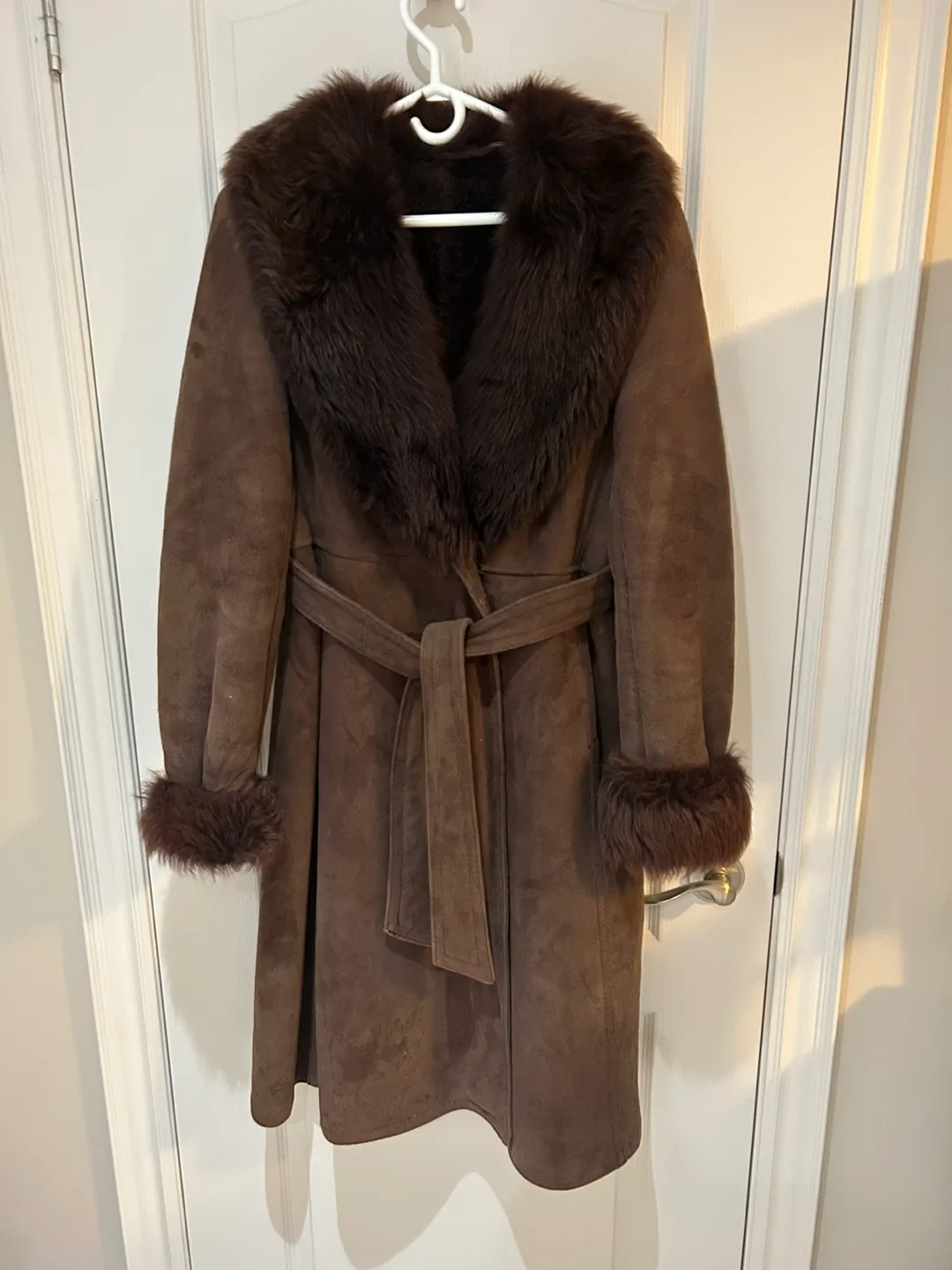 Suede faux fur trim coat
