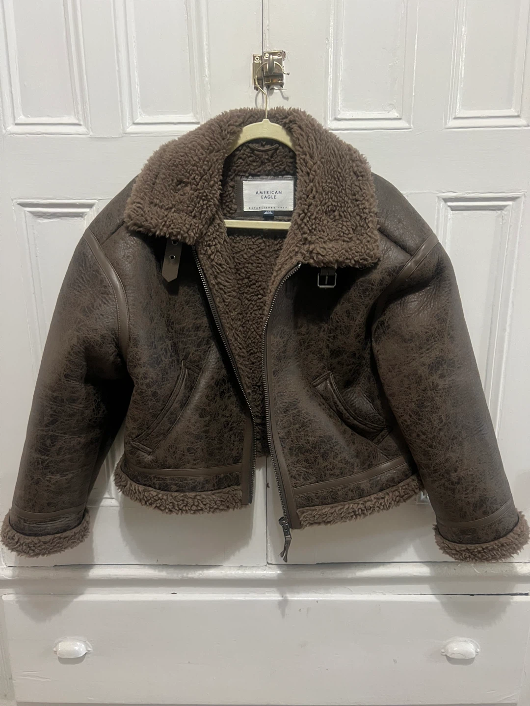 American Eagle Brown Faux Leather Aviator Jacket - L