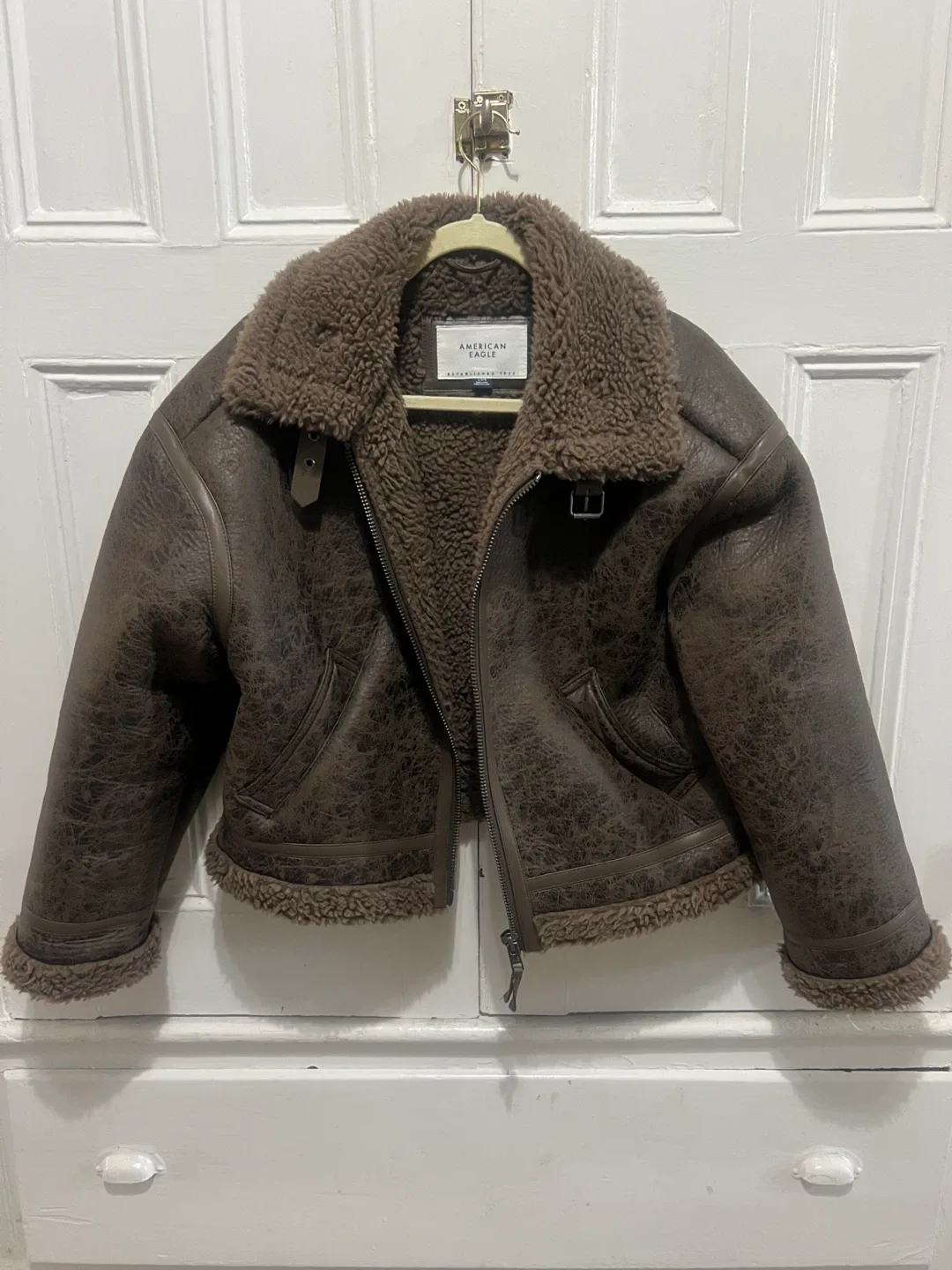 American Eagle Brown Faux Leather Aviator Jacket - L