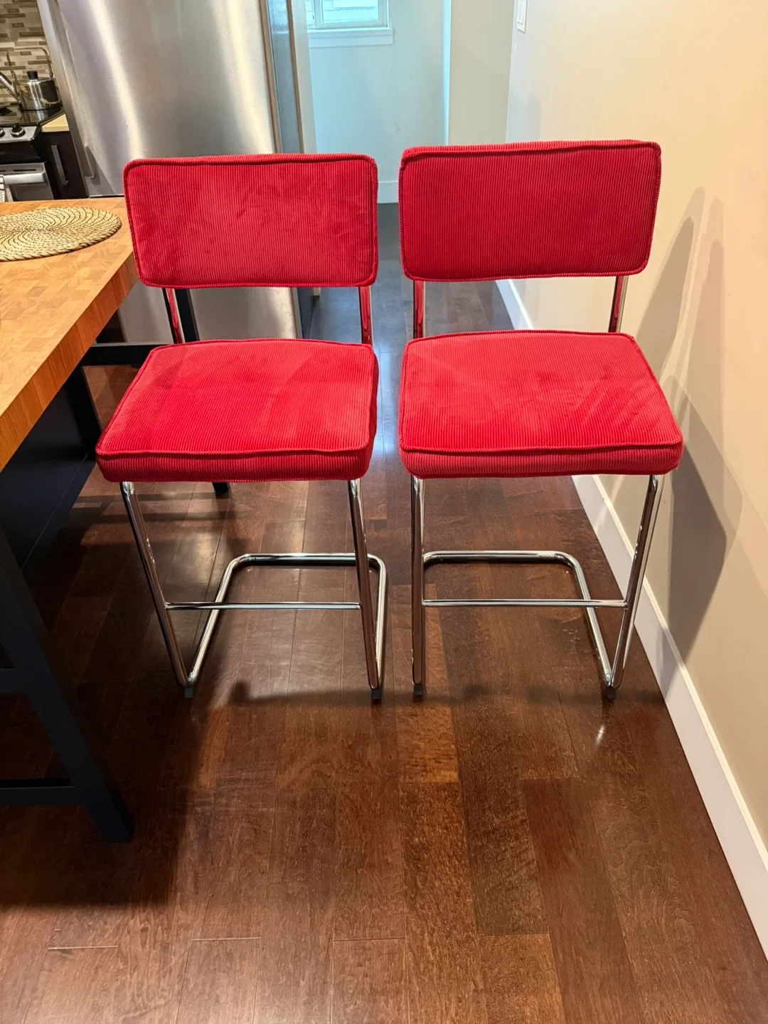 Pair of Red Corduroy Bar Stools
