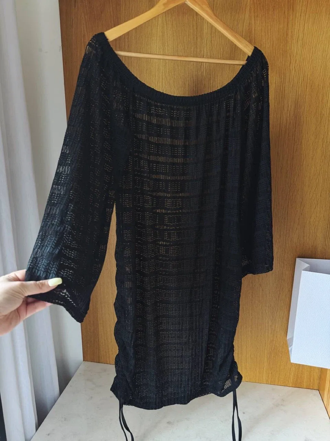 Black Sheer Off-the-Shoulder Knit Beach Dress, XL image indicator(5)