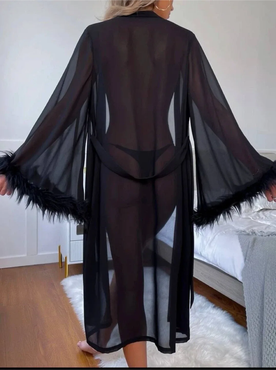 Black Feather Trim Robe with belt, size L image indicator(2)