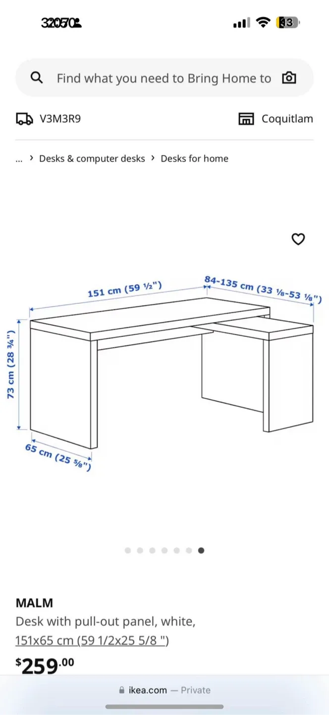 IKEA Malm Desk with Pull-out Panel, White, 59 1/2"