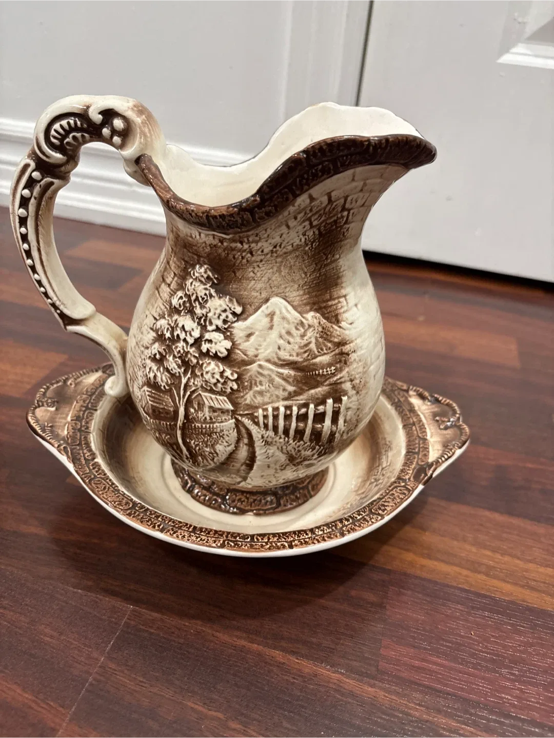 Vintage Brown & Cream Pitcher and Basin Set