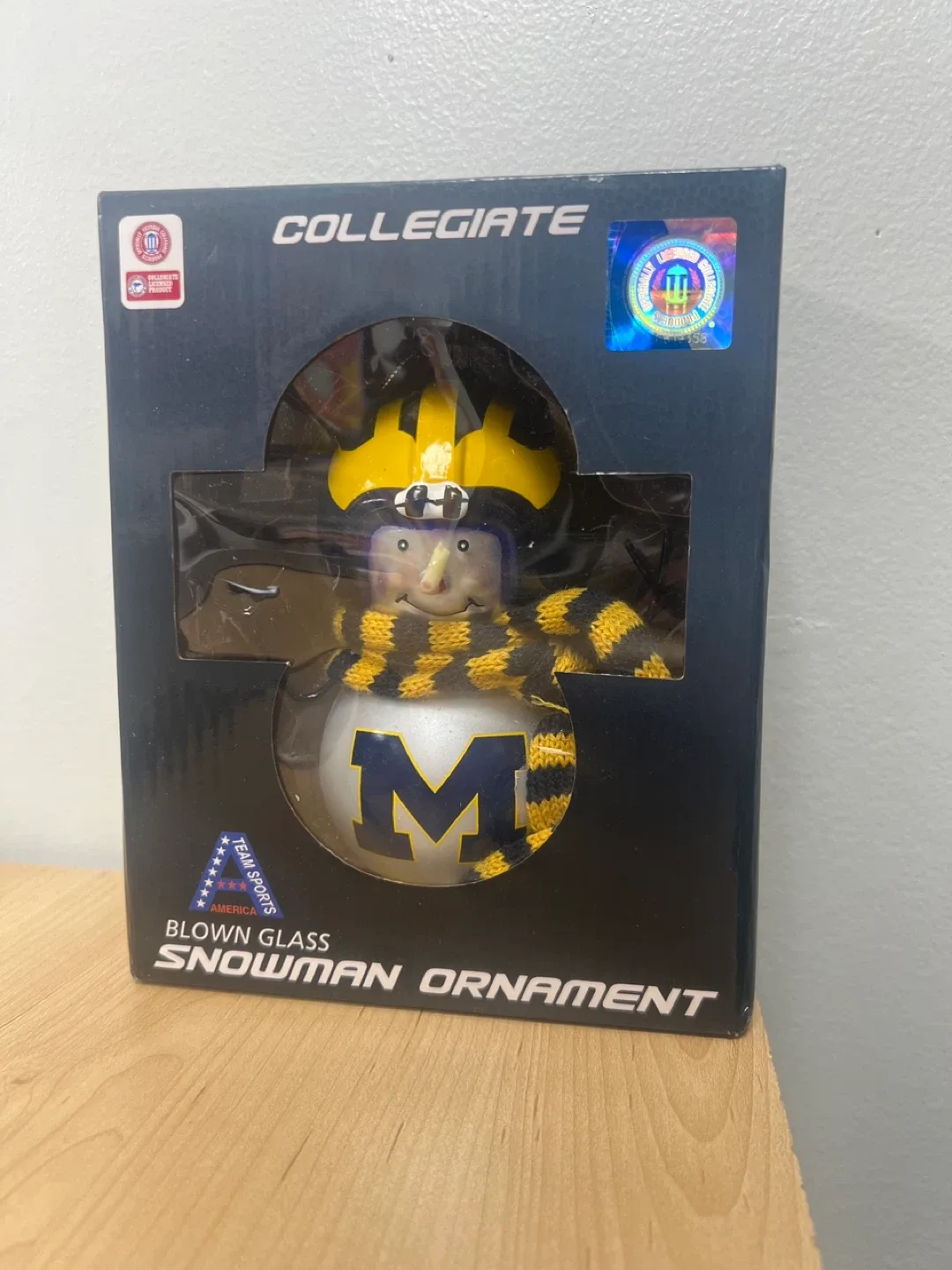 Michigan Wolverines Blown Glass Snowman Ornament