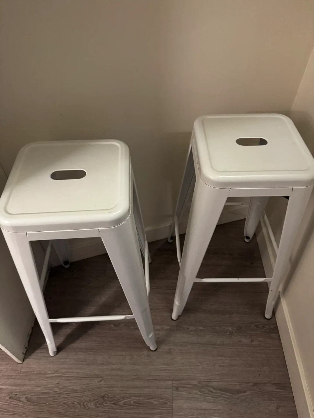 Two White Metal Bar Stools