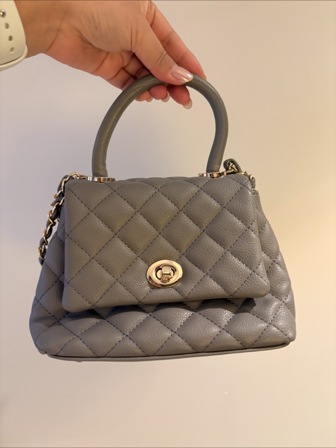 Grey Quilted Mini Top Handle Bag