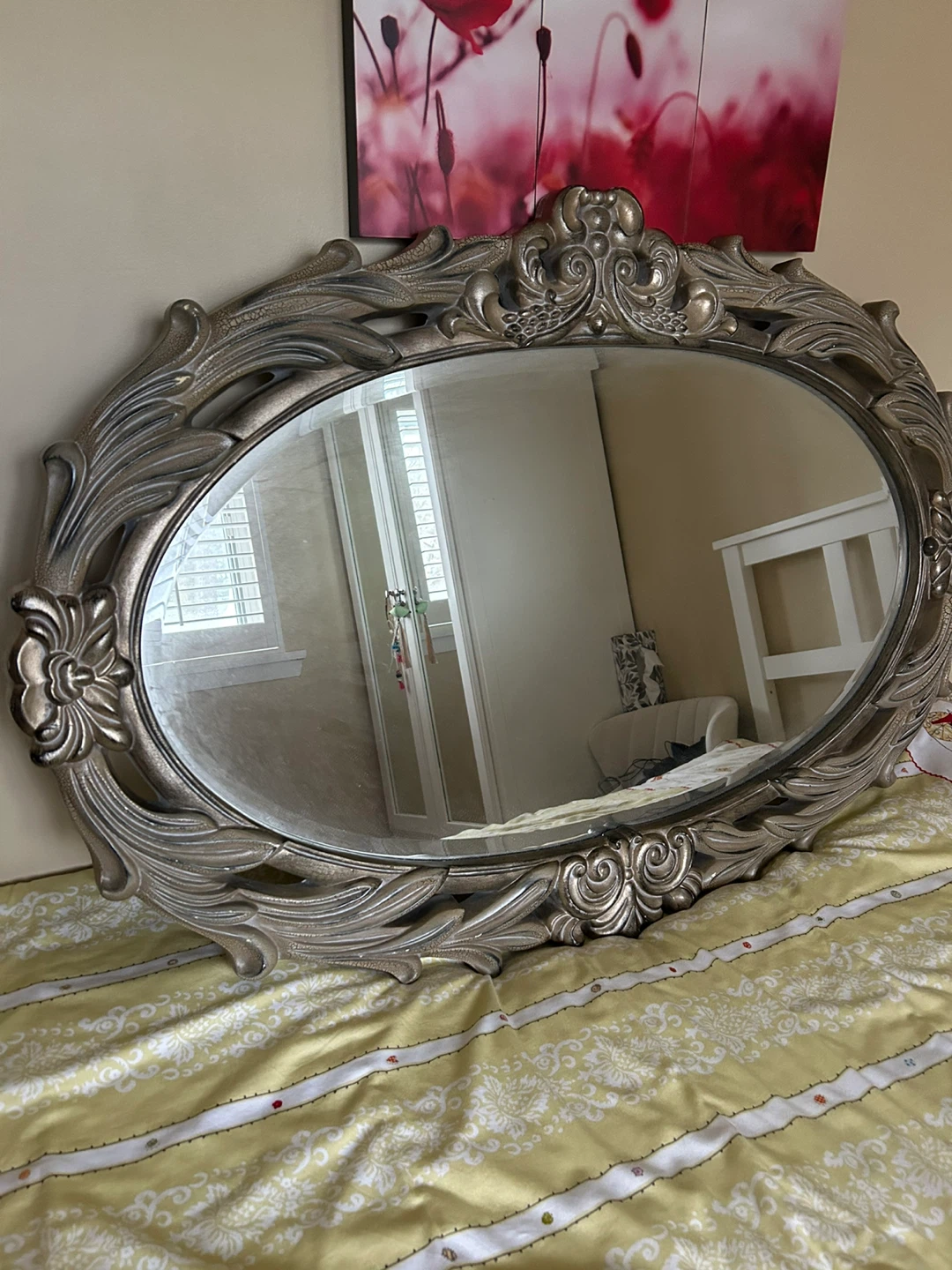 Ornate Oval Wall Mirror - Silver Finish