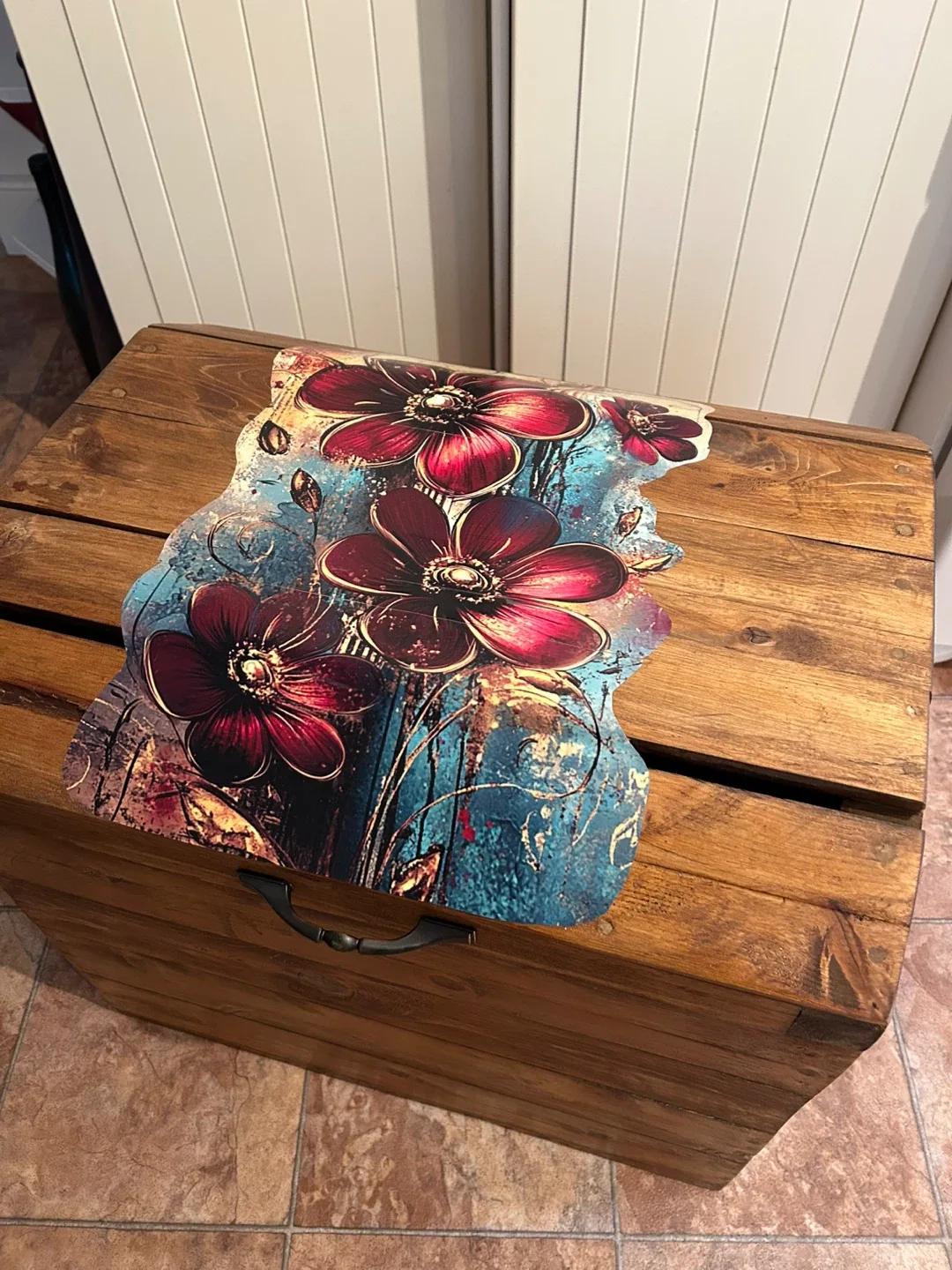 Wooden Storage Trunk with Floral Design