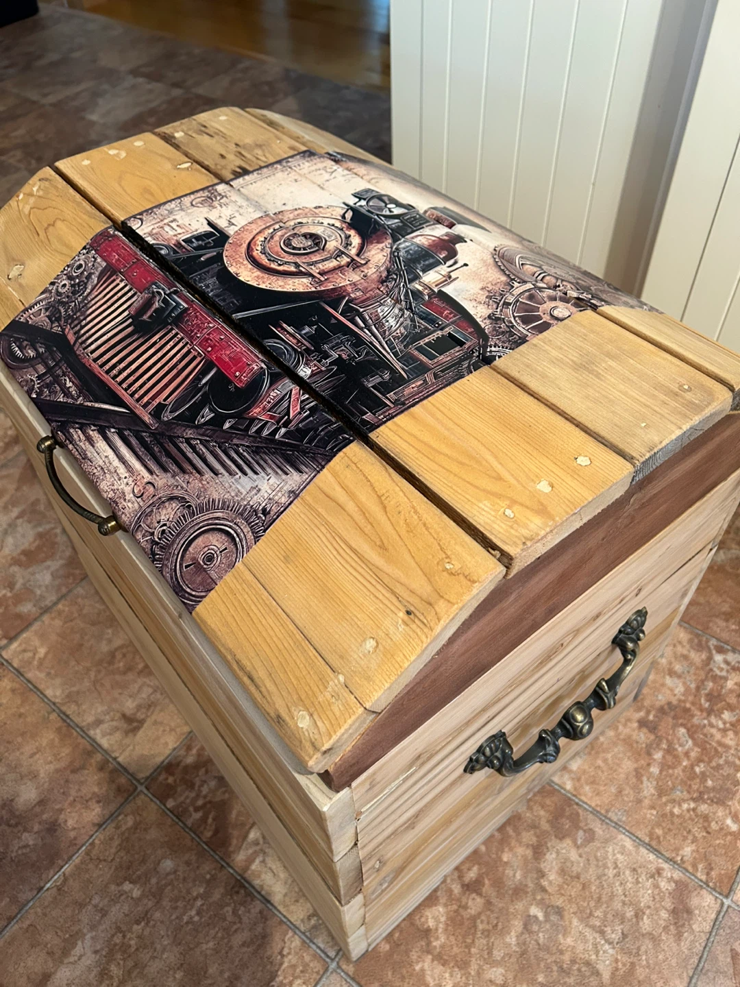 Wooden  cedar Storage Chest with Train Design