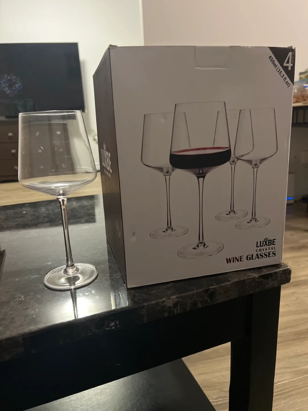 LUXBE Crystal Wine Glasses, Set of 4, New in Box