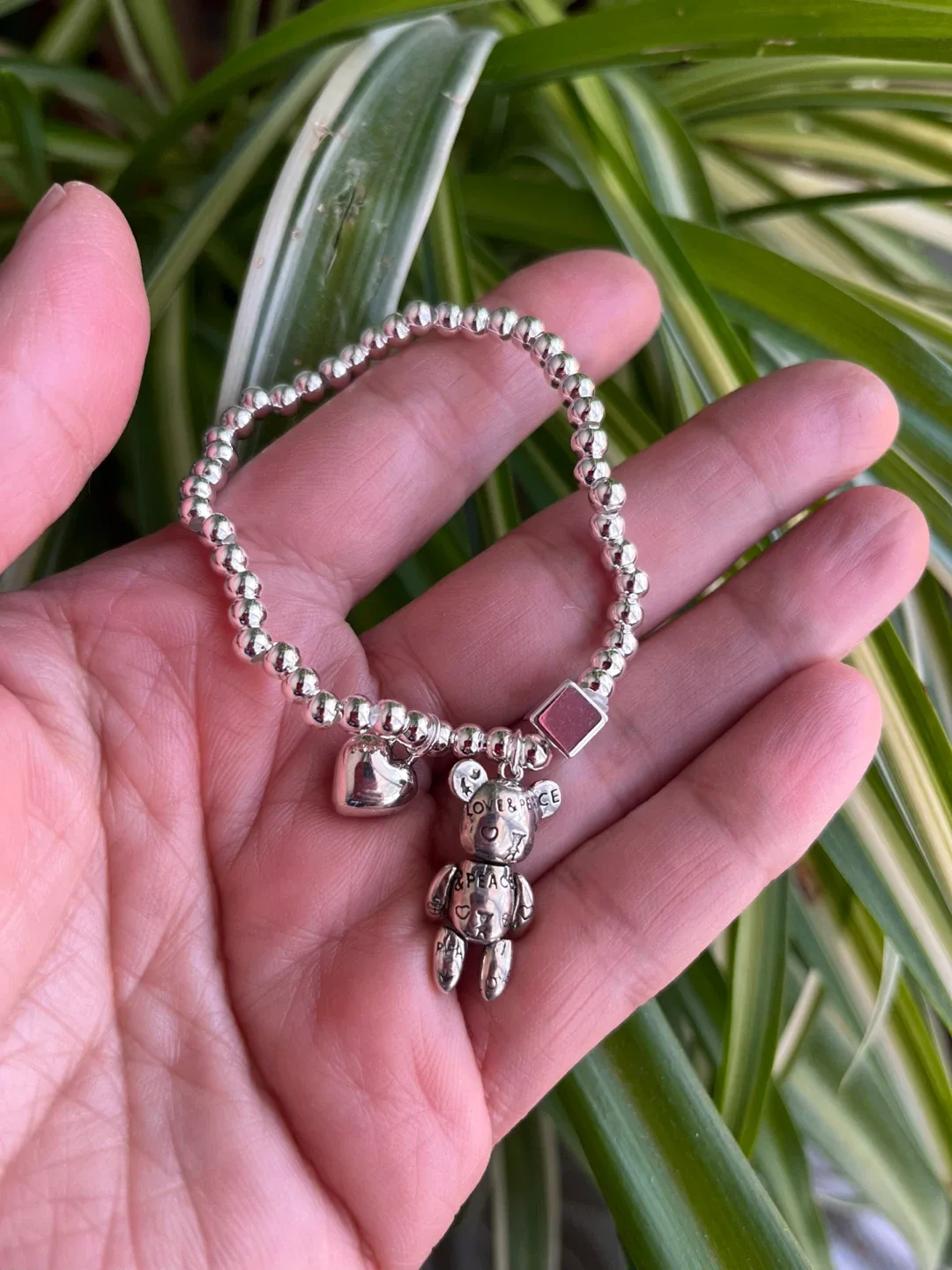 Silver plated  small Beaded Bracelet with Teddy Bear Charm