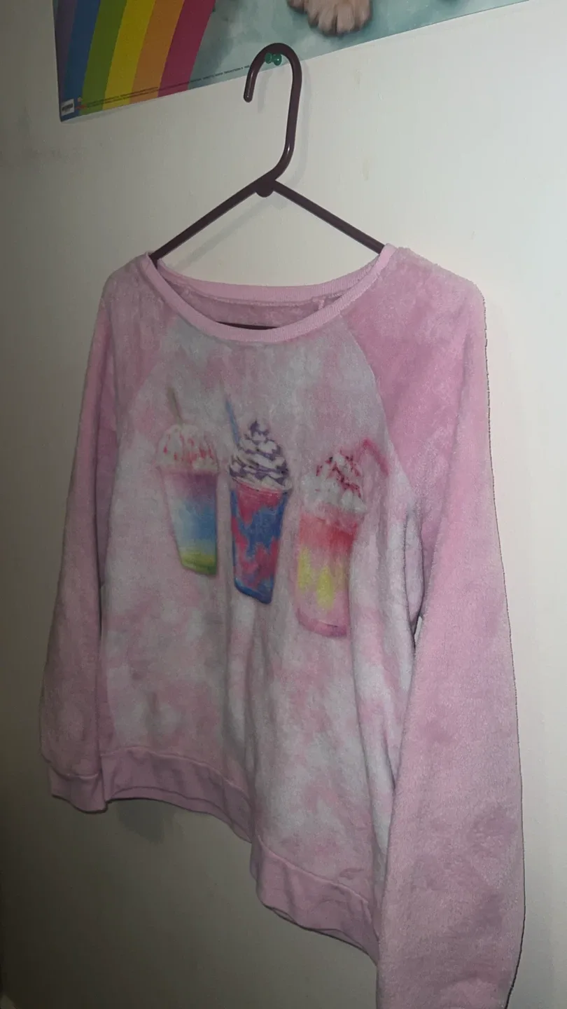 Pink Fuzzy Pullover with Drink Design