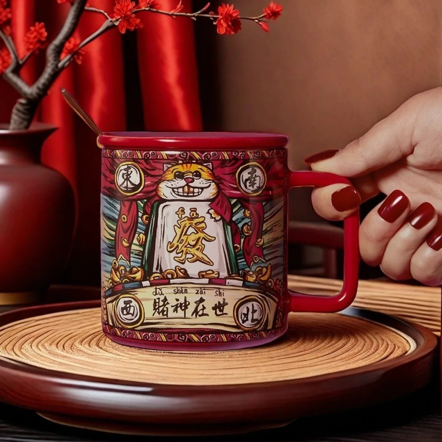 Red Mug with Lid and Spoon