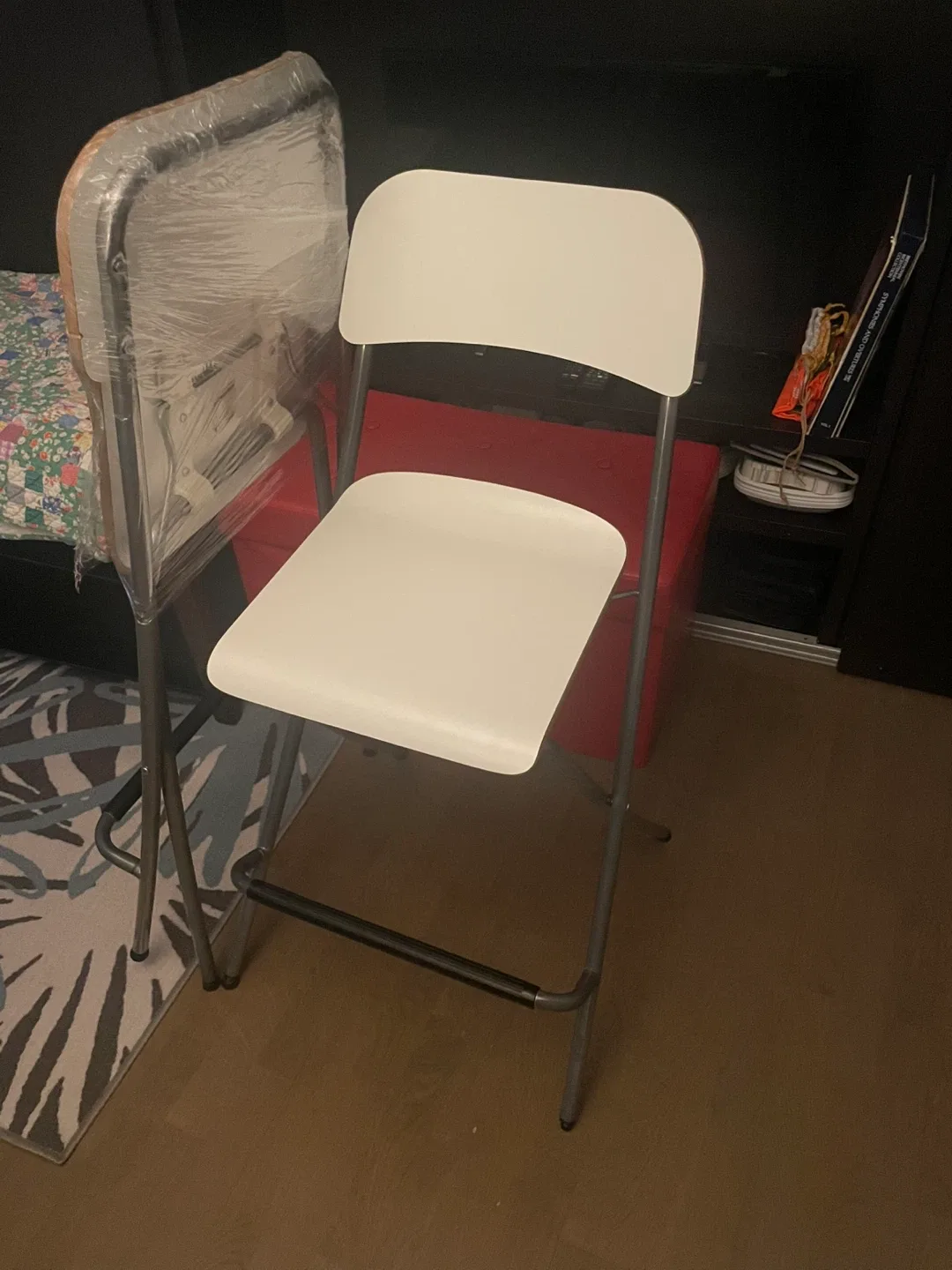 2 White Folding Bar Stools, stainless steel hardware.