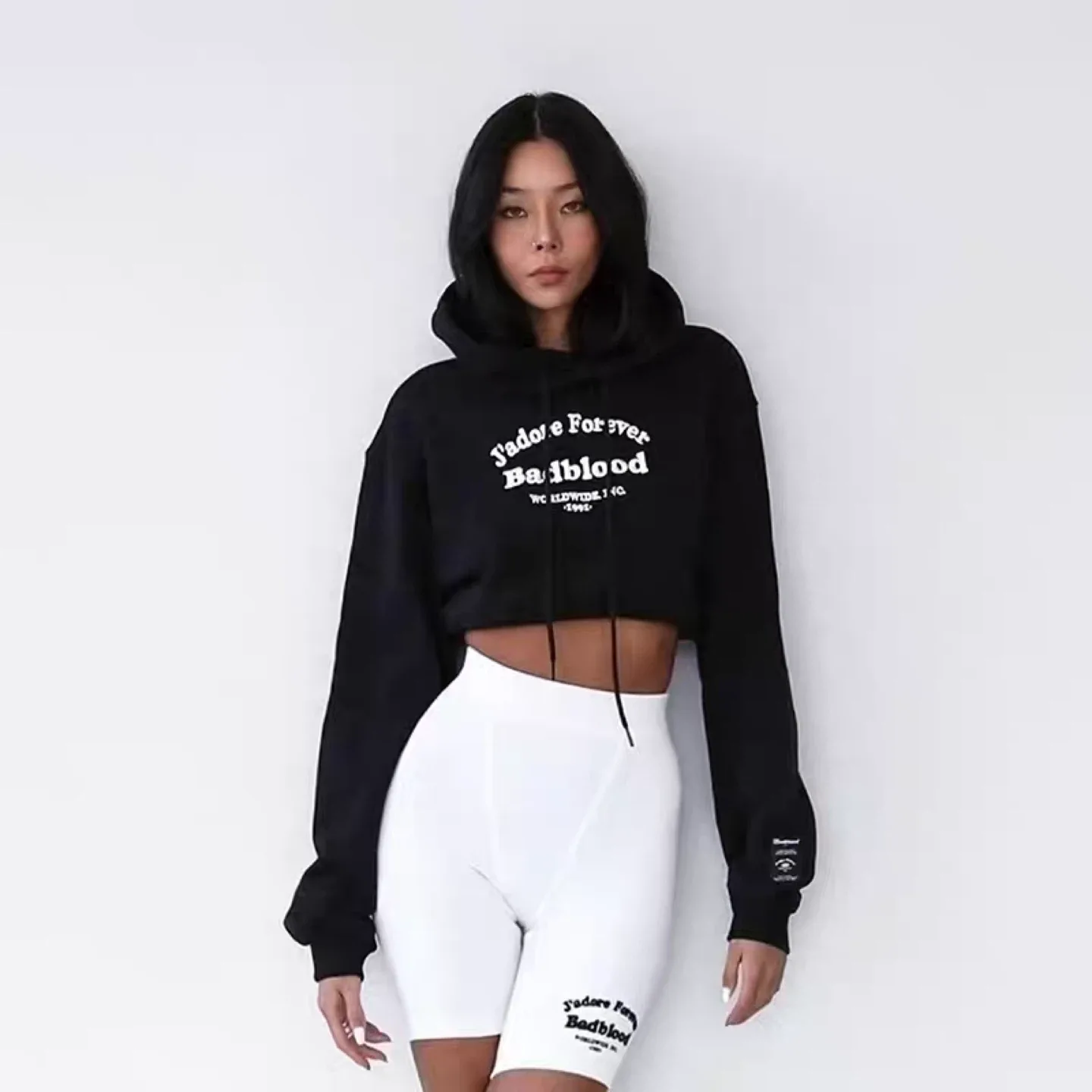Korean Badblood J'adore Forever Cropped Hoodie - Black image indicator(2)