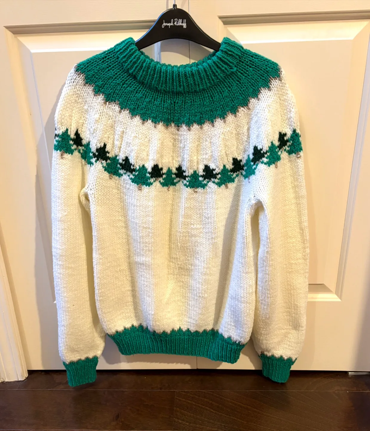 Hand-Knitted Wool Sweater - Green & White