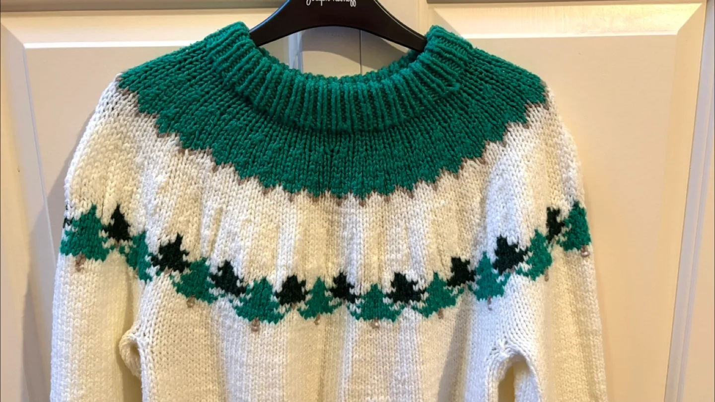 Hand-Knitted Wool Sweater - Green & White image indicator(2)