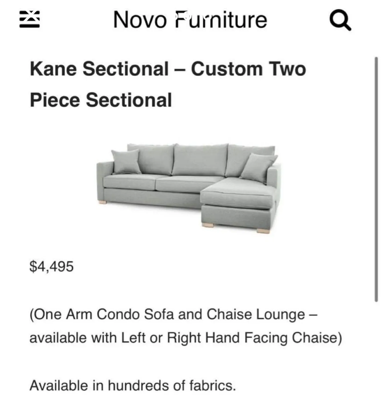 83 Inch Novo Furniture Kane Sectional - Custom Two Piece image indicator(2)