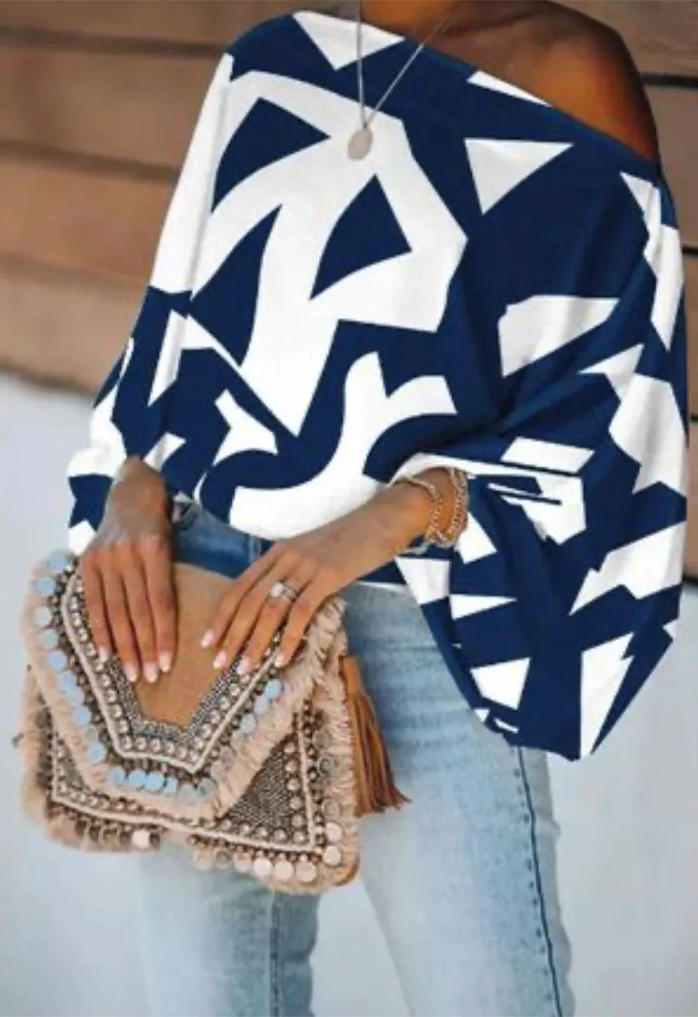 Navy & White Patterned One-Shoulder Blouse #cleanout