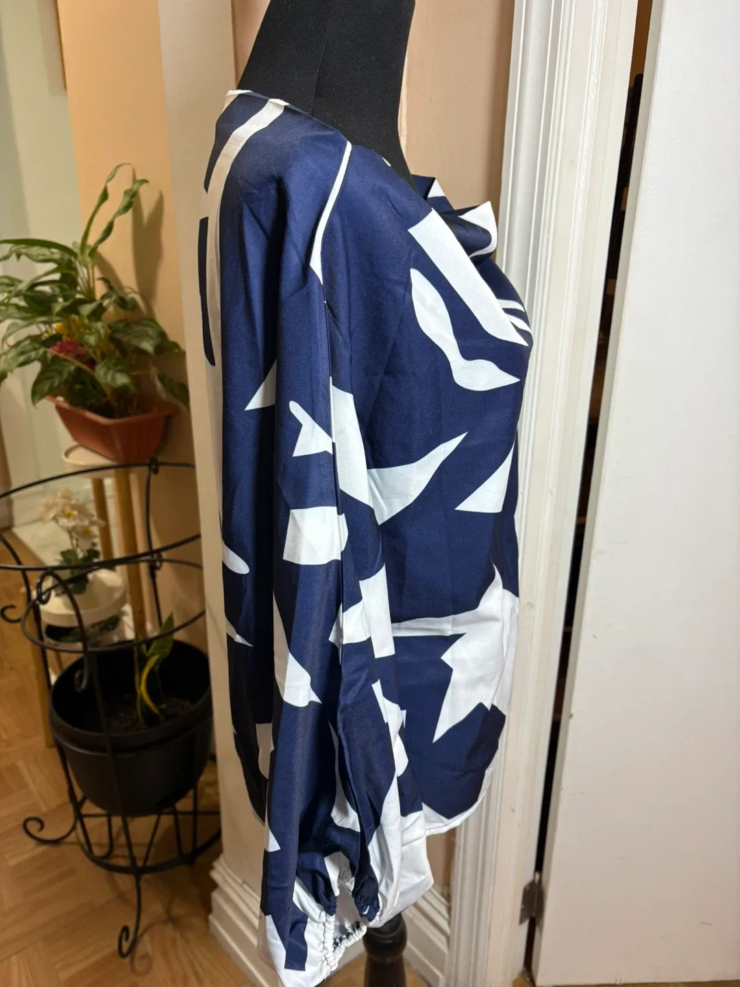 Navy & White Patterned One-Shoulder Blouse #cleanout image indicator(2)