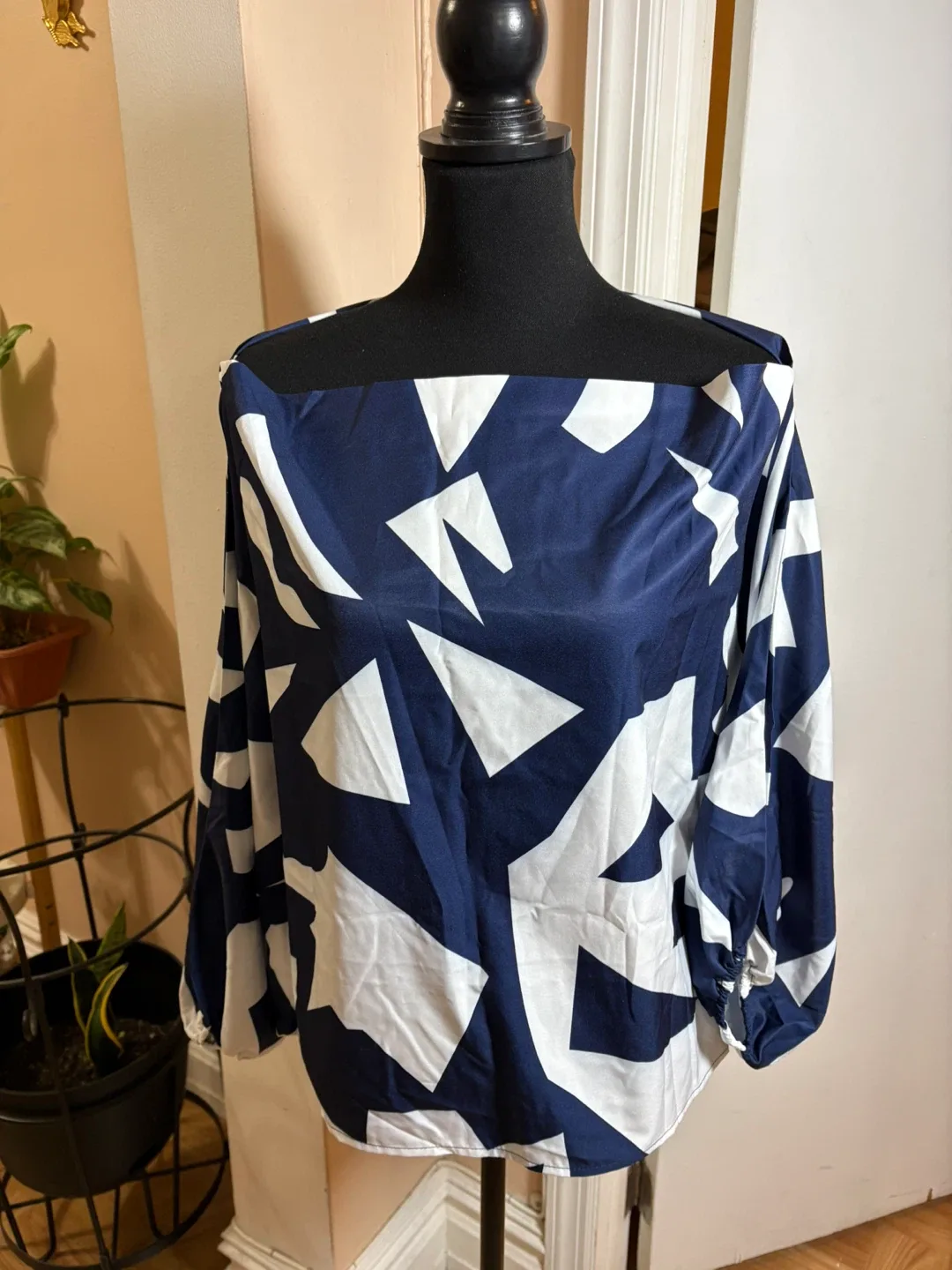 Navy & White Patterned One-Shoulder Blouse #cleanout image indicator(3)