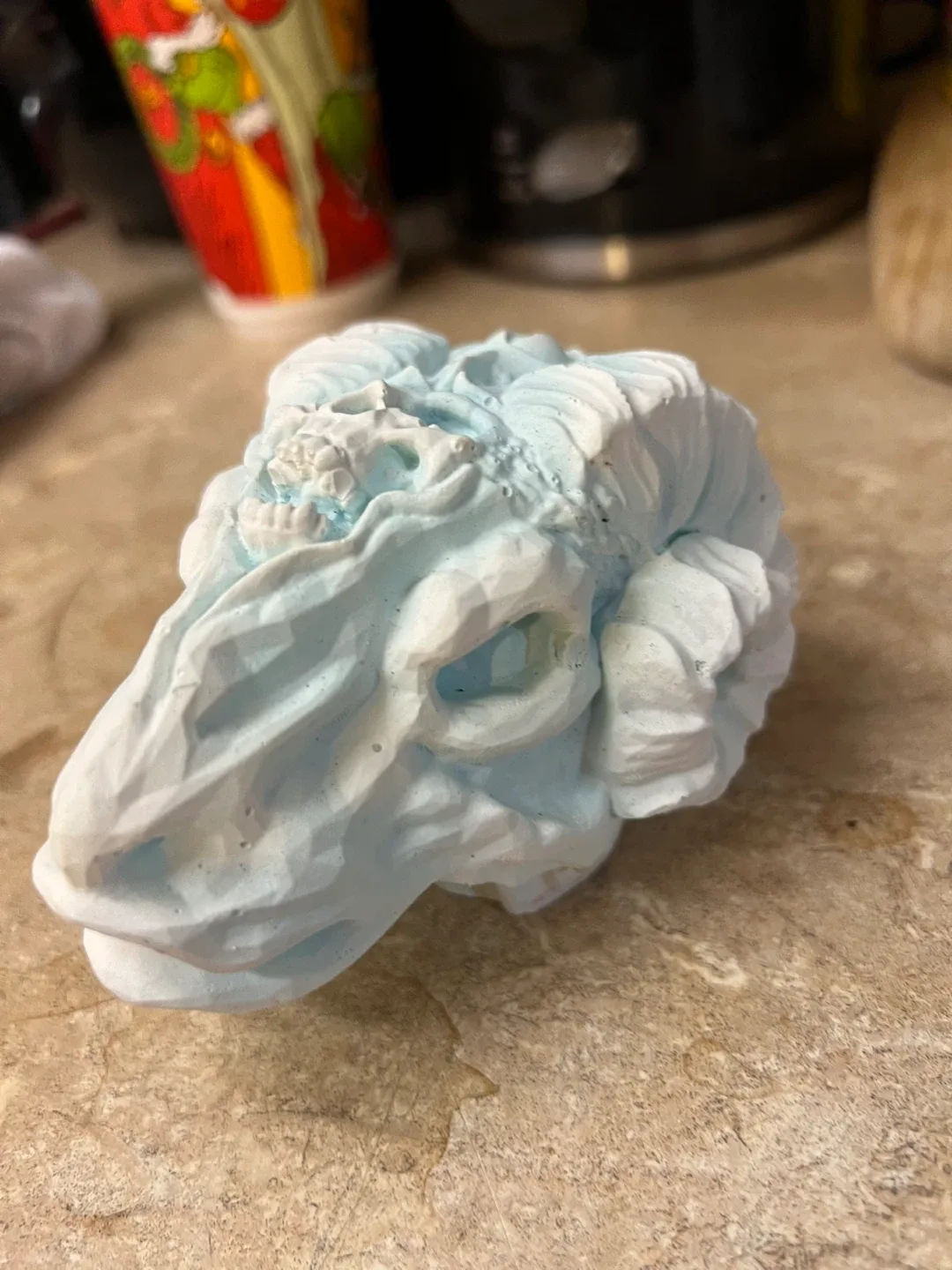 Plaster Unique Blue Skull Sculpture