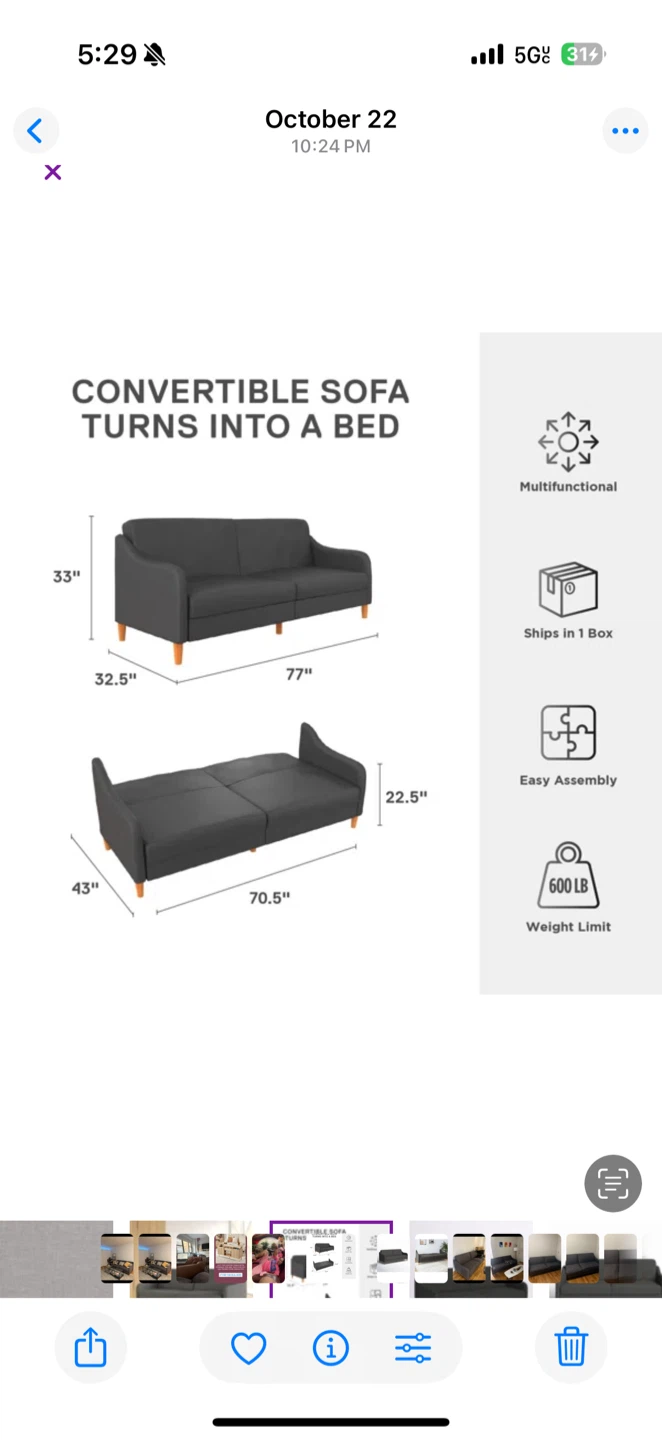 Gray Convertible Sofa Bed - 77" Length - photo 4