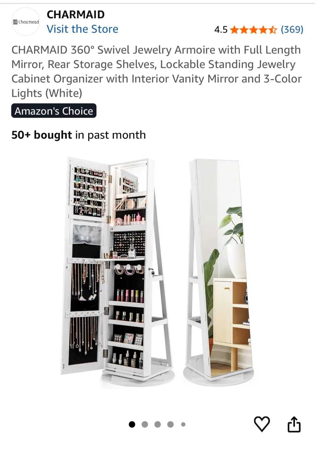 CHARMAID 360° Swivel Jewelry Armoire