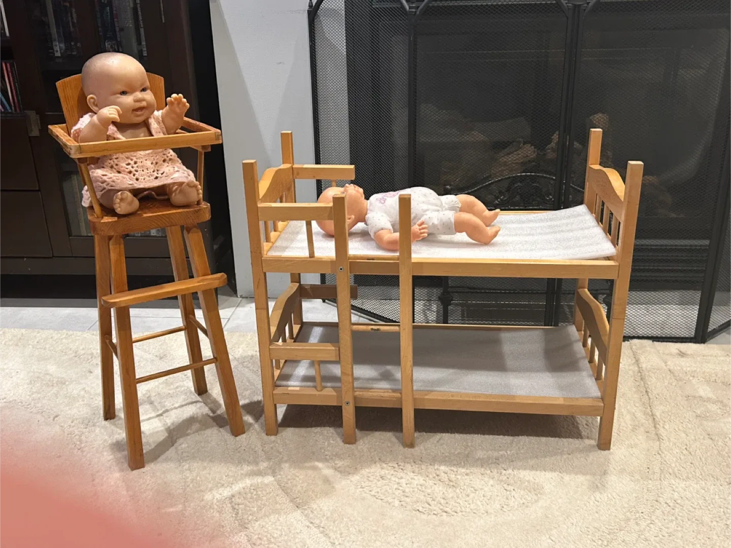 Wooden doll bunk beds and high chair
