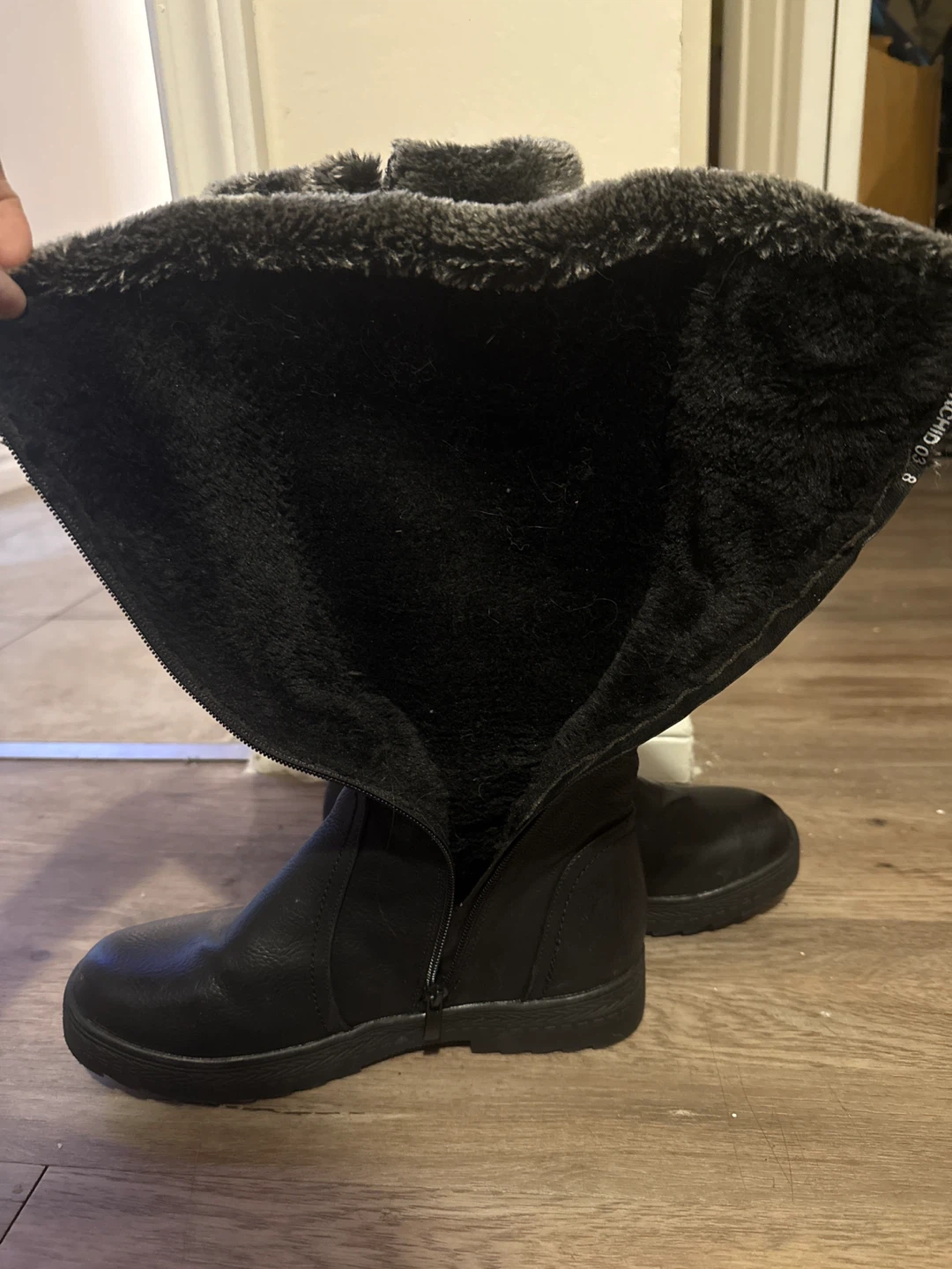 Black Leather Boots with Faux Fur Trim - photo 3