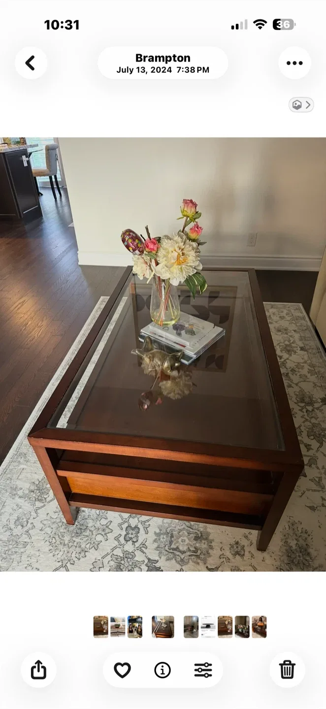 Glass Top Coffee Table - Brown Wood Frame