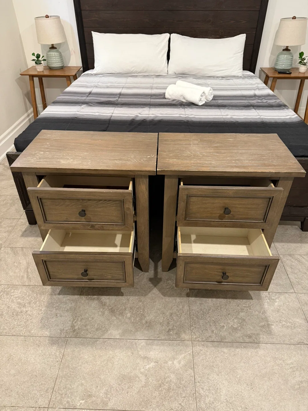 2 wooden nightstands