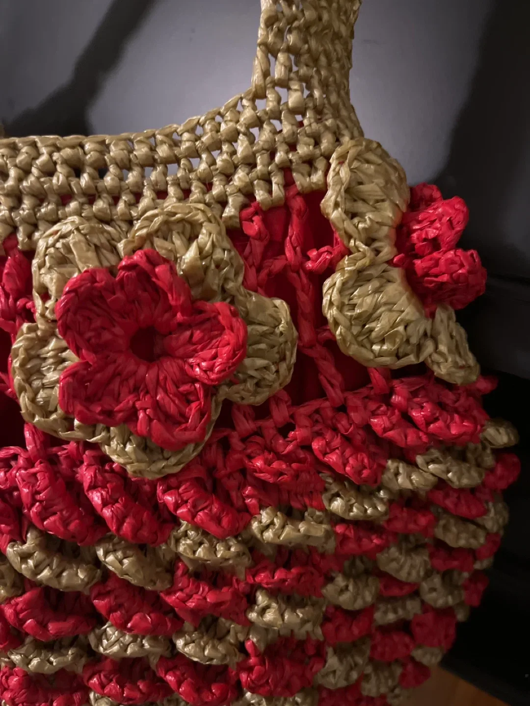 Handmade Crochet Shoulder Bag - Red & Gold image indicator(4)