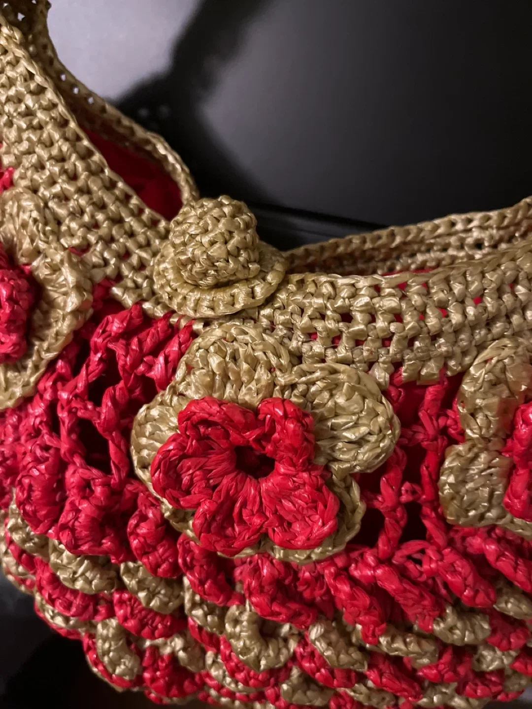 Handmade Crochet Shoulder Bag - Red & Gold image indicator(3)