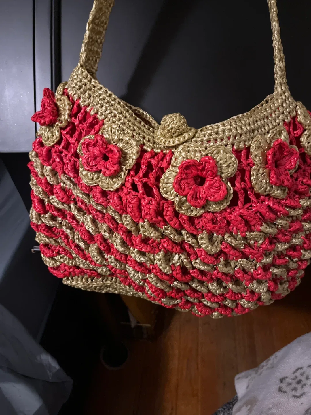 Handmade Crochet Shoulder Bag - Red & Gold image indicator(2)