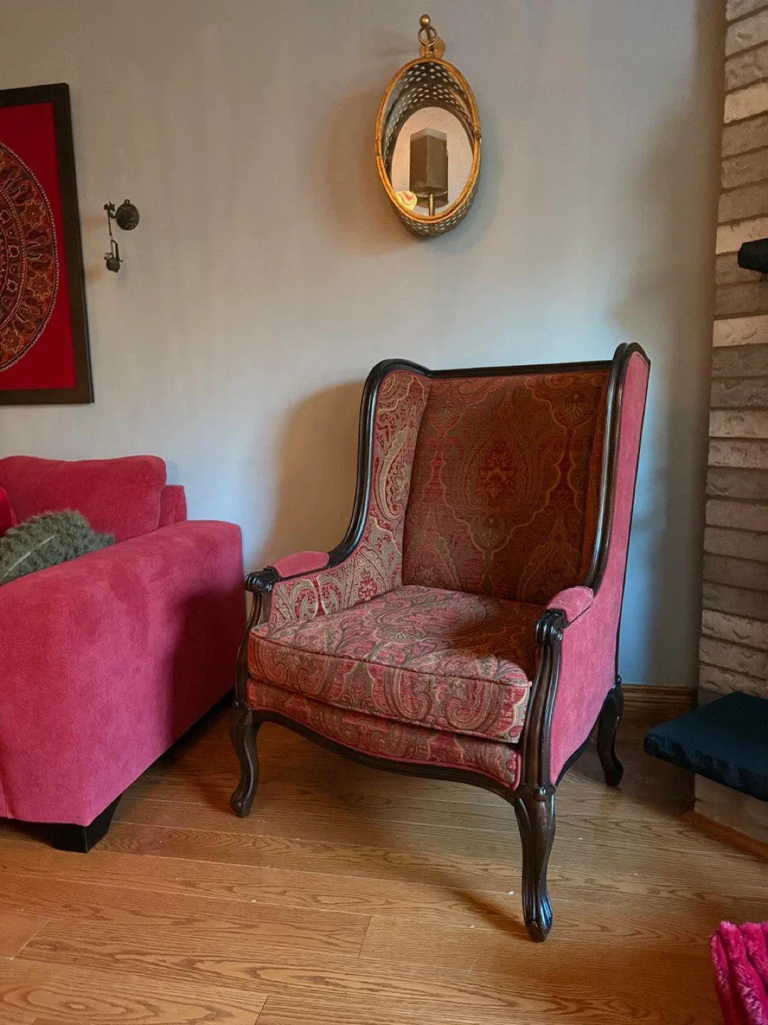 Antique Wingback Armchair - Red Patterned Fabric