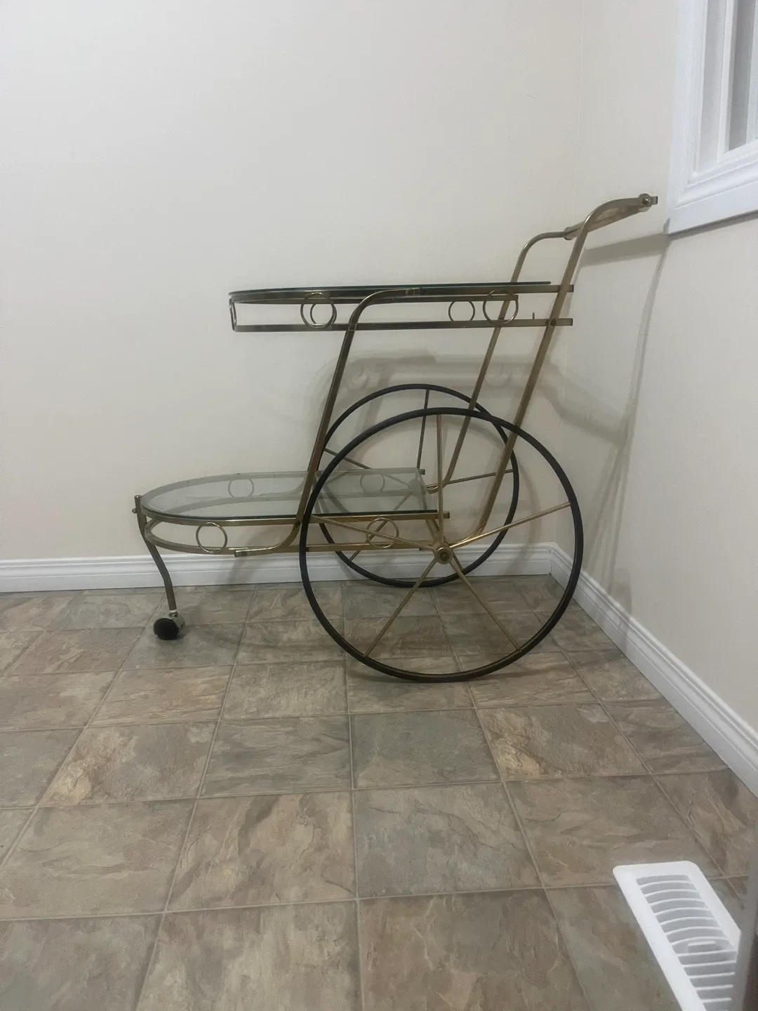 Vintage Bar Beverage Cart, Gold Metal & Glass