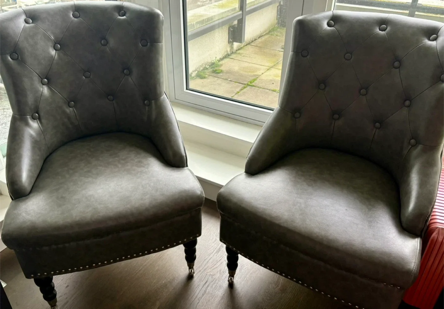 Pair of Tufted Faux Leather Accent Chairs – Excellent Condition