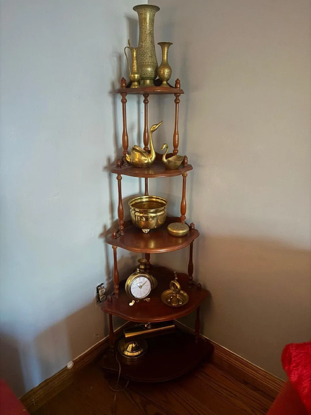 Wooden Corner Shelf with Brass Decor