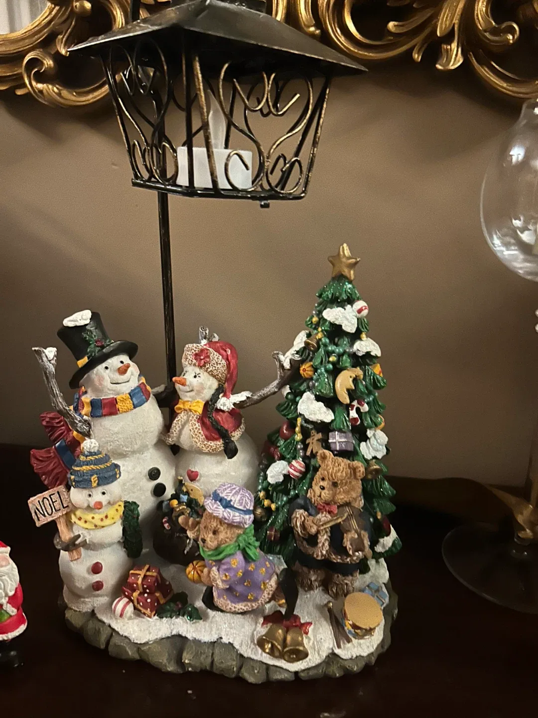 Christmas Snowman & Teddy Bear Figurine with Lantern
