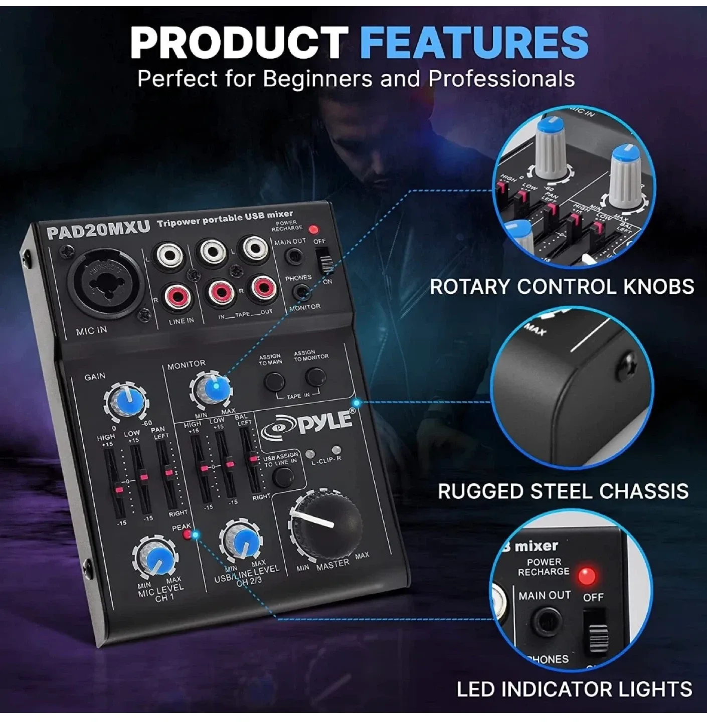 Pyle 5 Channel Professional Compact Audio Mixer w USB Interface image indicator(5)