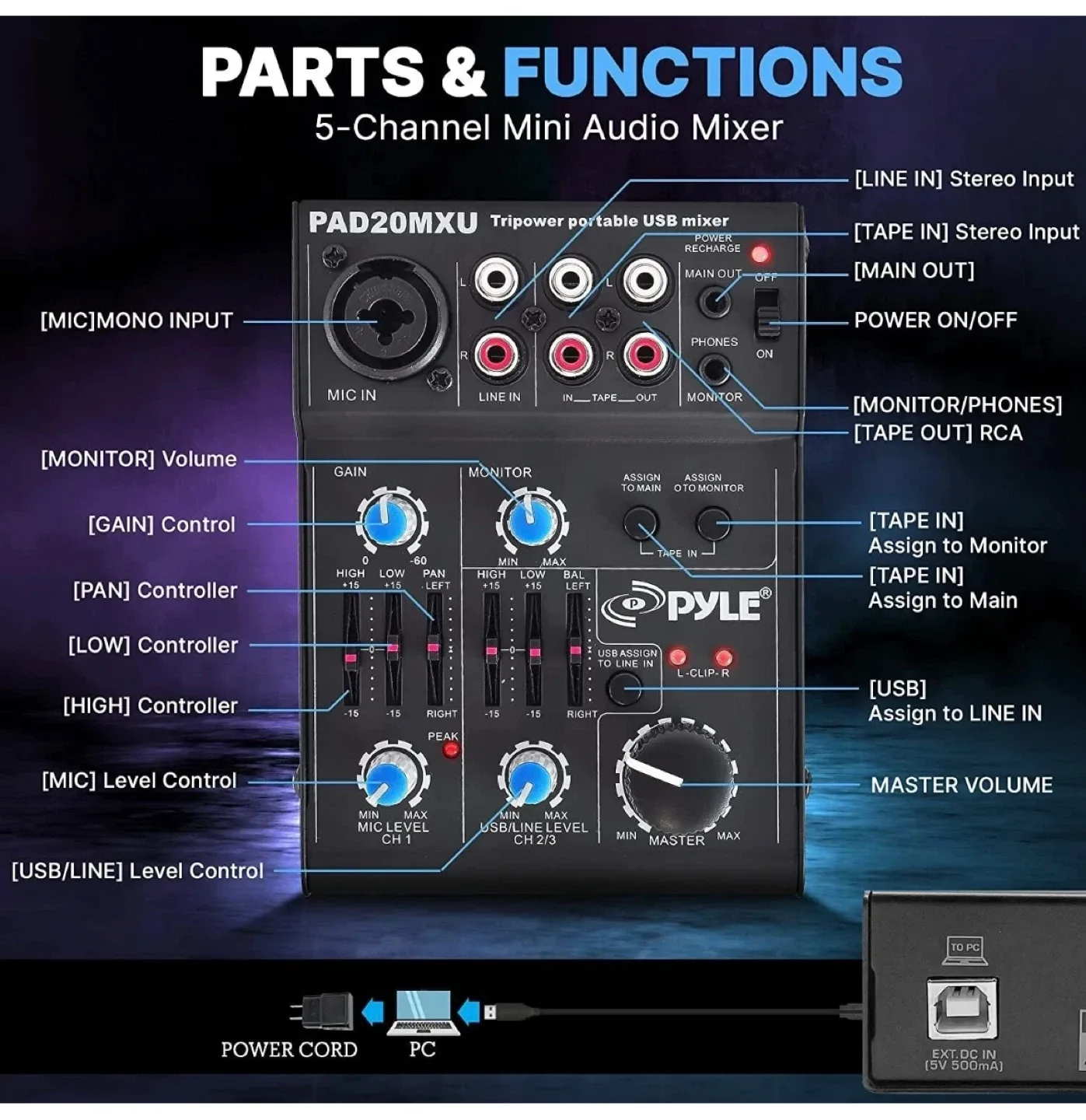 Pyle 5 Channel Professional Compact Audio Mixer w USB Interface image indicator(2)
