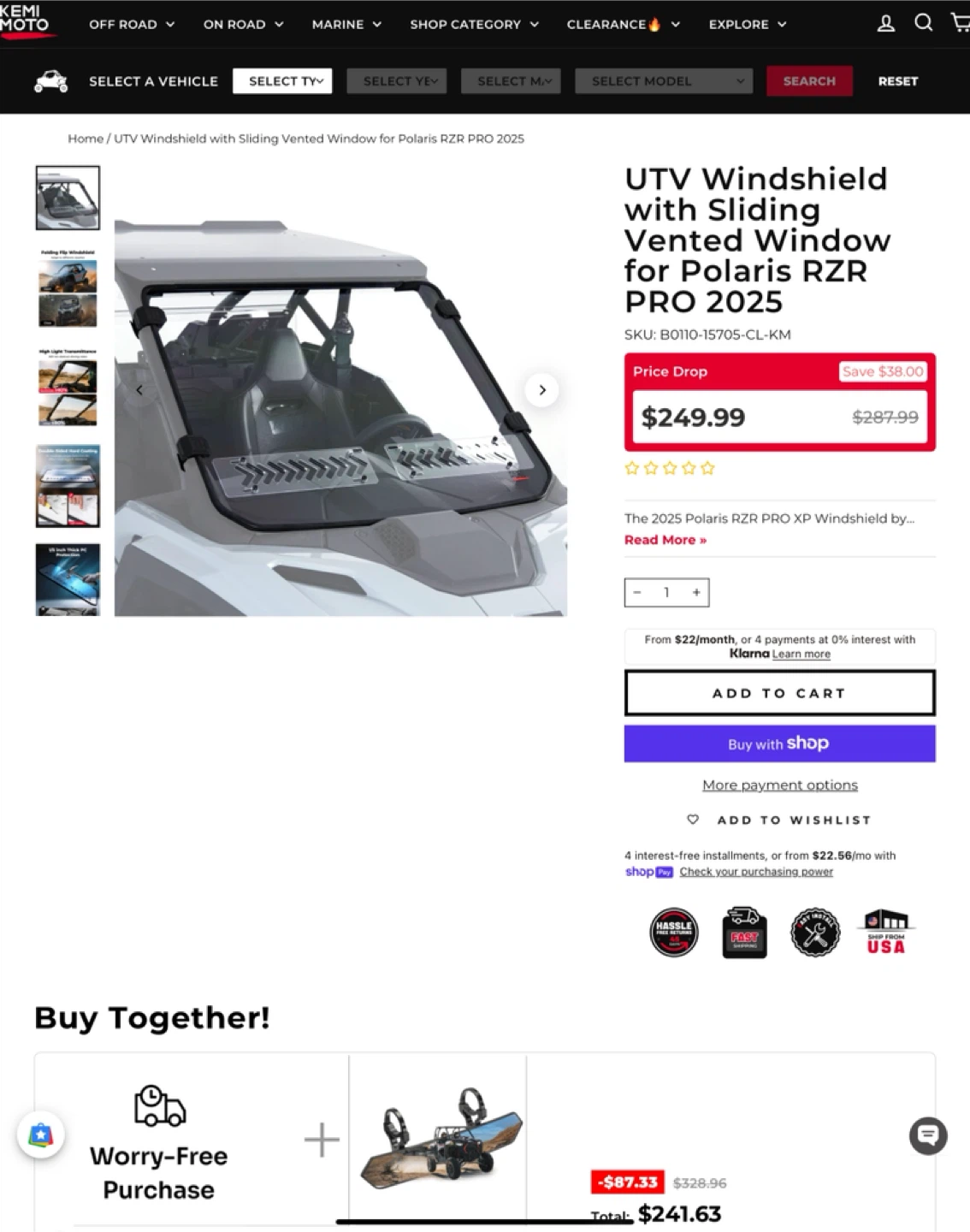 Kemimoto UTV Windshield for Polaris RZR PRO 2025 - NEW