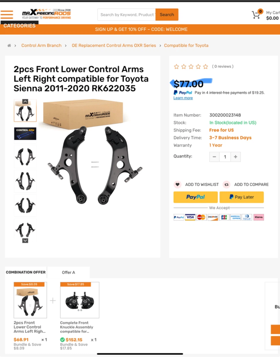 2pcs Front Lower Control Arms for Toyota Sienna 2011-2020