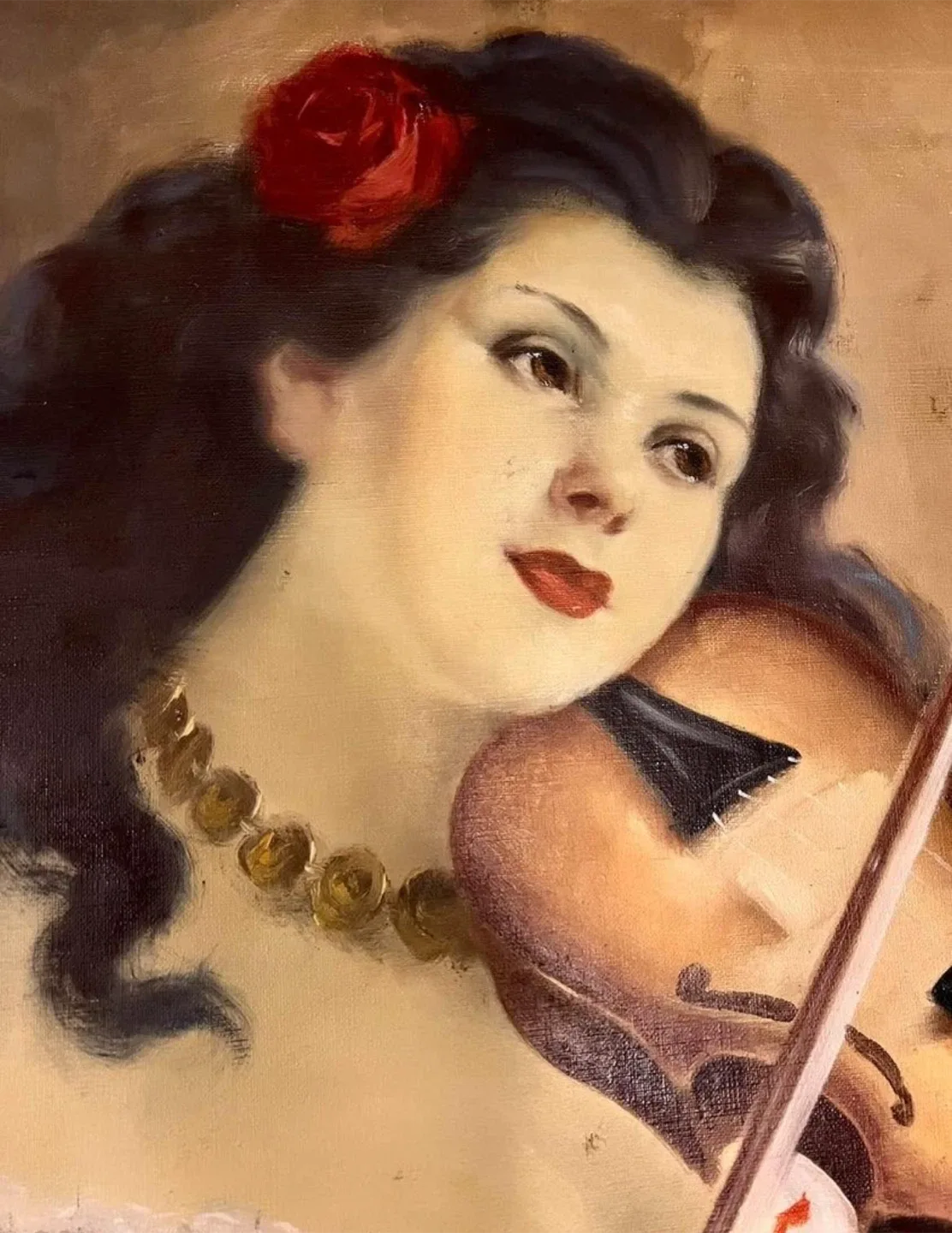 Large framed oil painting of violinist Hungarian artist image indicator(2)