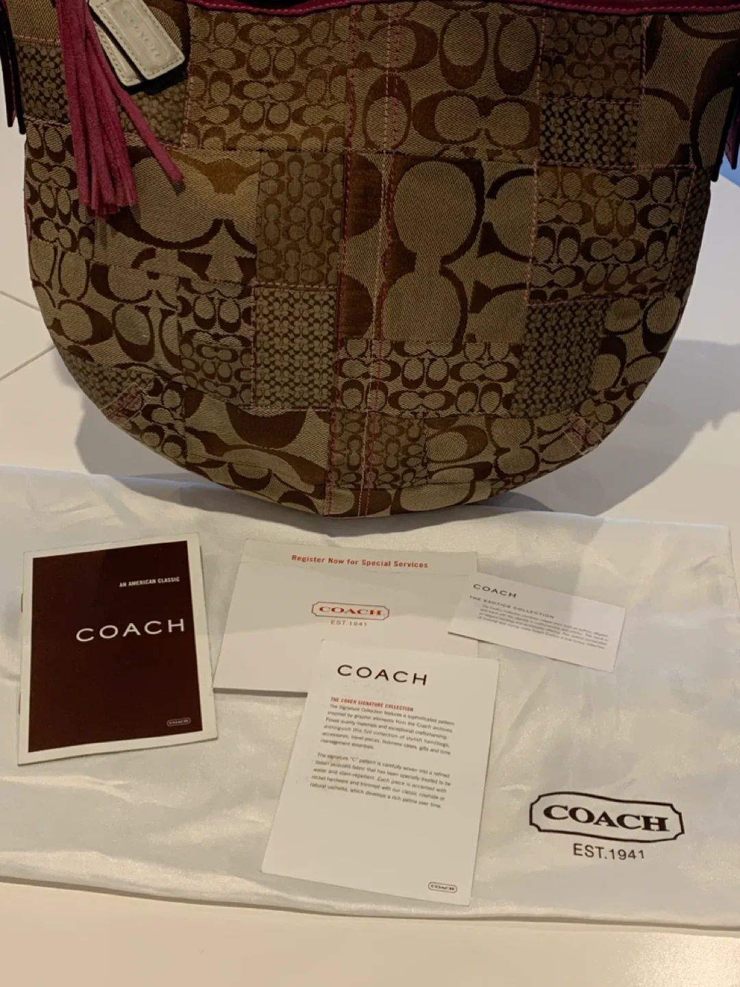 🩷🎀 Coach Signature Patchwork  Hobo Bag - Brown/Pink 🎀🩷 image indicator(2)