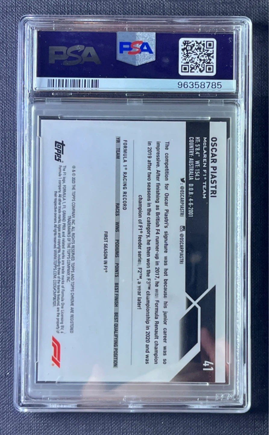 2023 Topps Chrome F1 Oscar Piastri #41 Lava /250 PSA 9 - photo 2