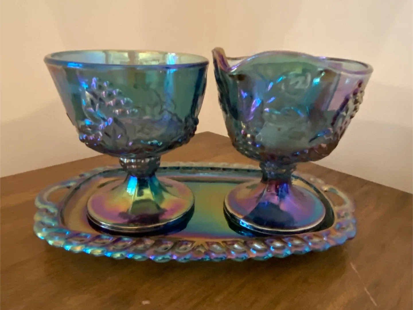 Harvest Grape Blue Carnival Glass Cream and Sugar Set